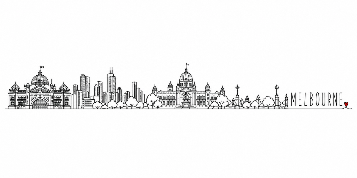 Skyline de Melbourne dessiné au trait noir continu, de gauche à droite : gare de Flinders Street et ses horloges, tours du centre, Royal Exhibition Building et sa fontaine, pont avec tram — avec le nom MELBOURNE en capitales espacées et un petit cœur rouge