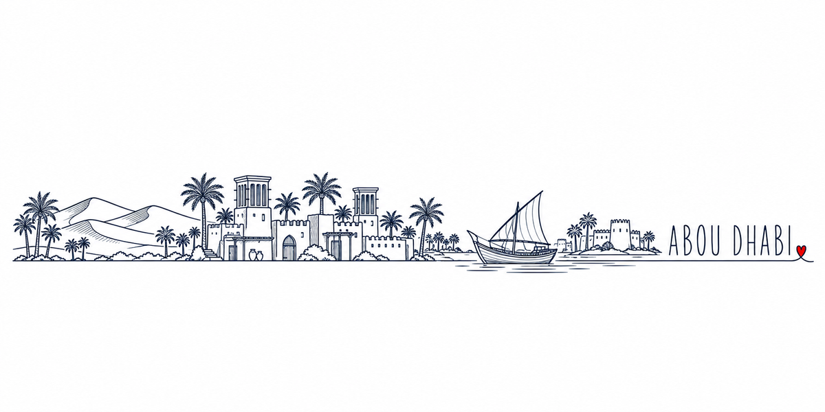 Silhouette d'Abou Dhabi dessinée au trait noir continu, de gauche à droite : les dunes et les palmiers, le fort crénelé et ses tours à vent, les jarres, un boutre à voile latine et un second fort au bord de l'eau — avec le nom ABOU DHABI en capitales espacées et un petit cœur rouge
