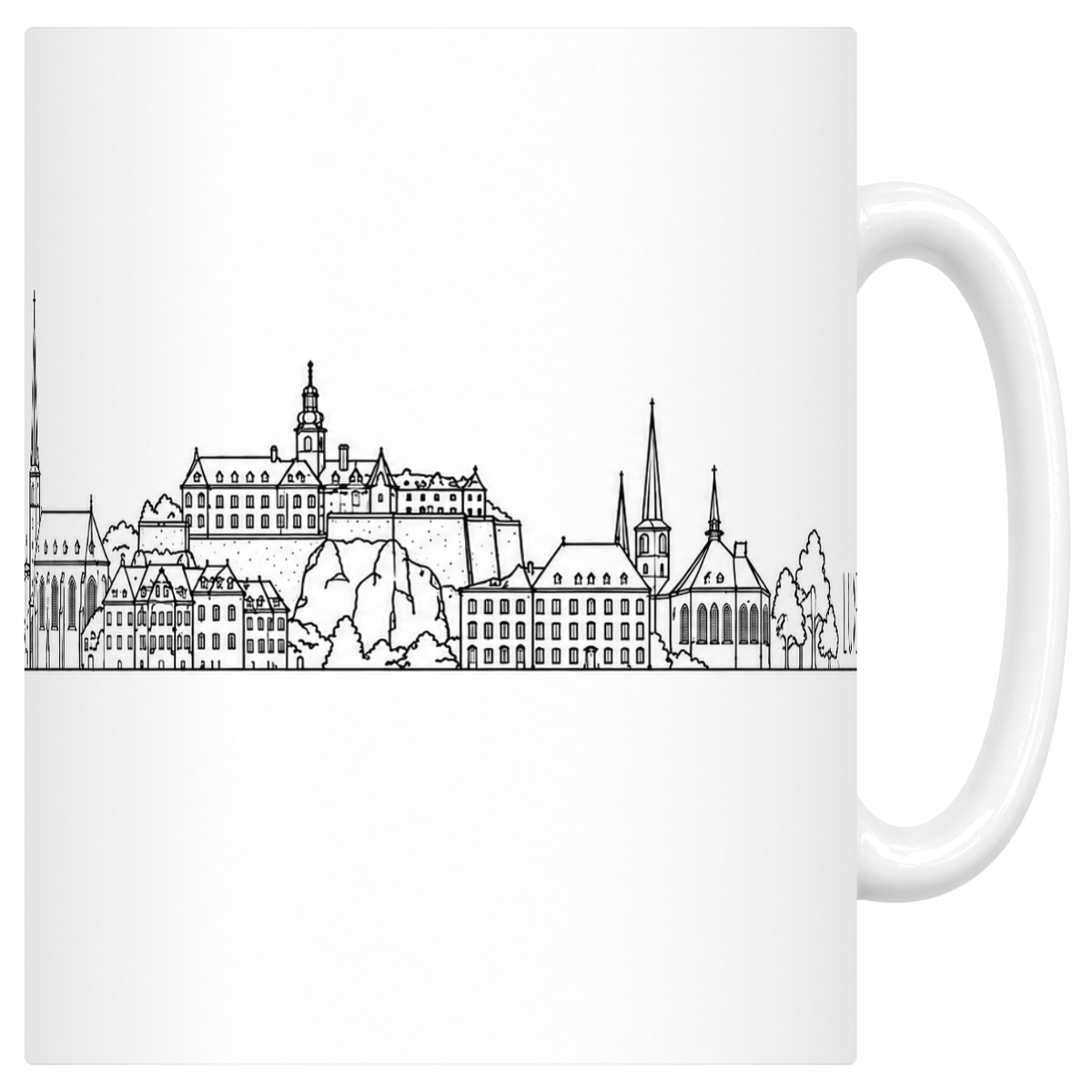 Mug blanc en ceramique 330 ml illustre d'une skyline de Luxembourg-ville au trait