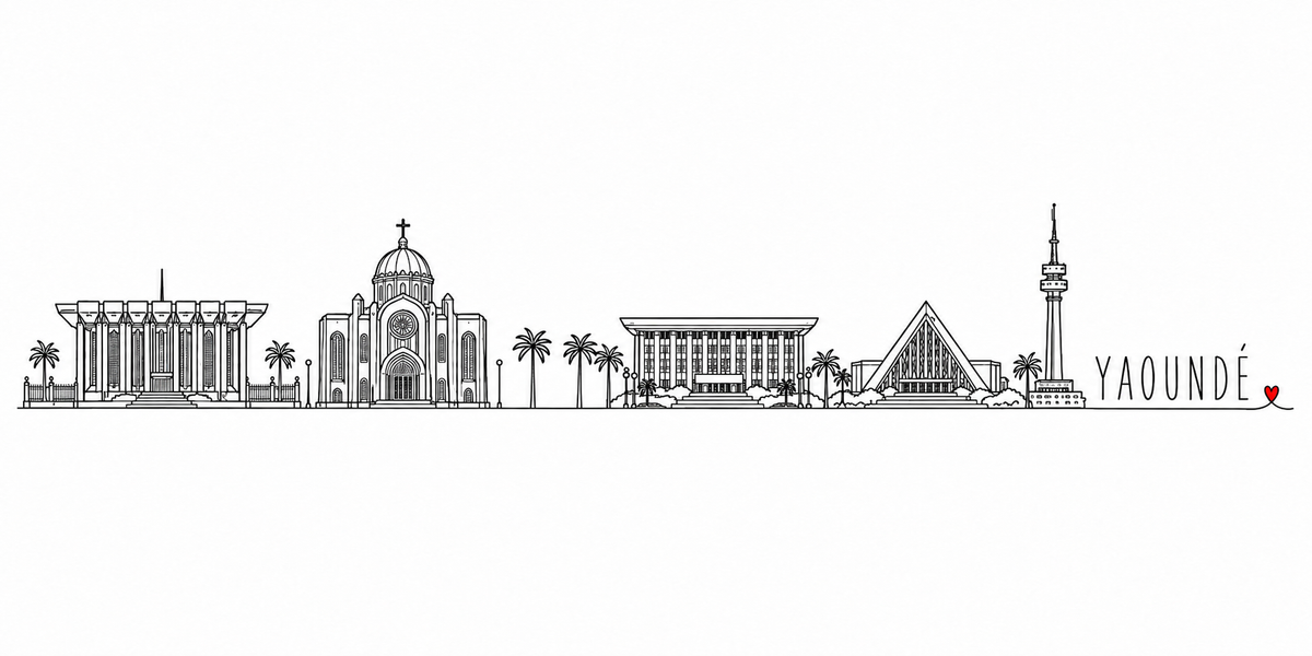 Skyline de Yaounde dessinee d'un trait noir continu sur fond blanc : un batiment a colonnes a gauche, une cathedrale a coupole, des palmiers, un palais a colonnade, une eglise moderne a toit triangulaire, une tour-antenne a droite, et le nom YAOUNDE en lettres espacees suivi d'un petit coeur rouge