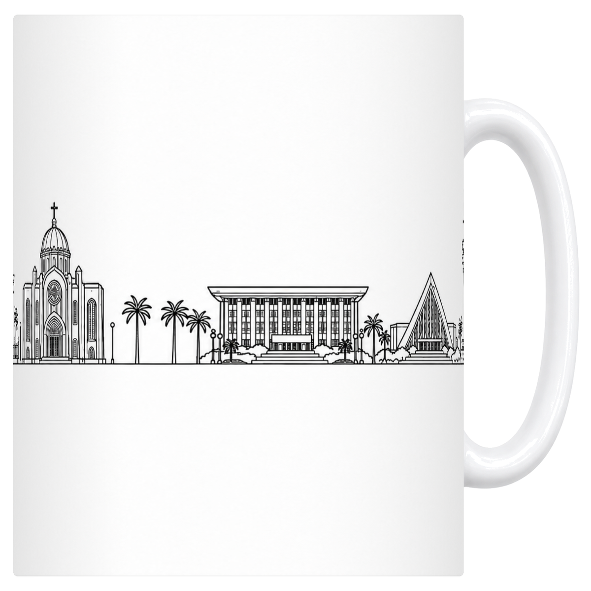 Mug blanc en ceramique 330 ml illustre d'une skyline de Yaounde au trait