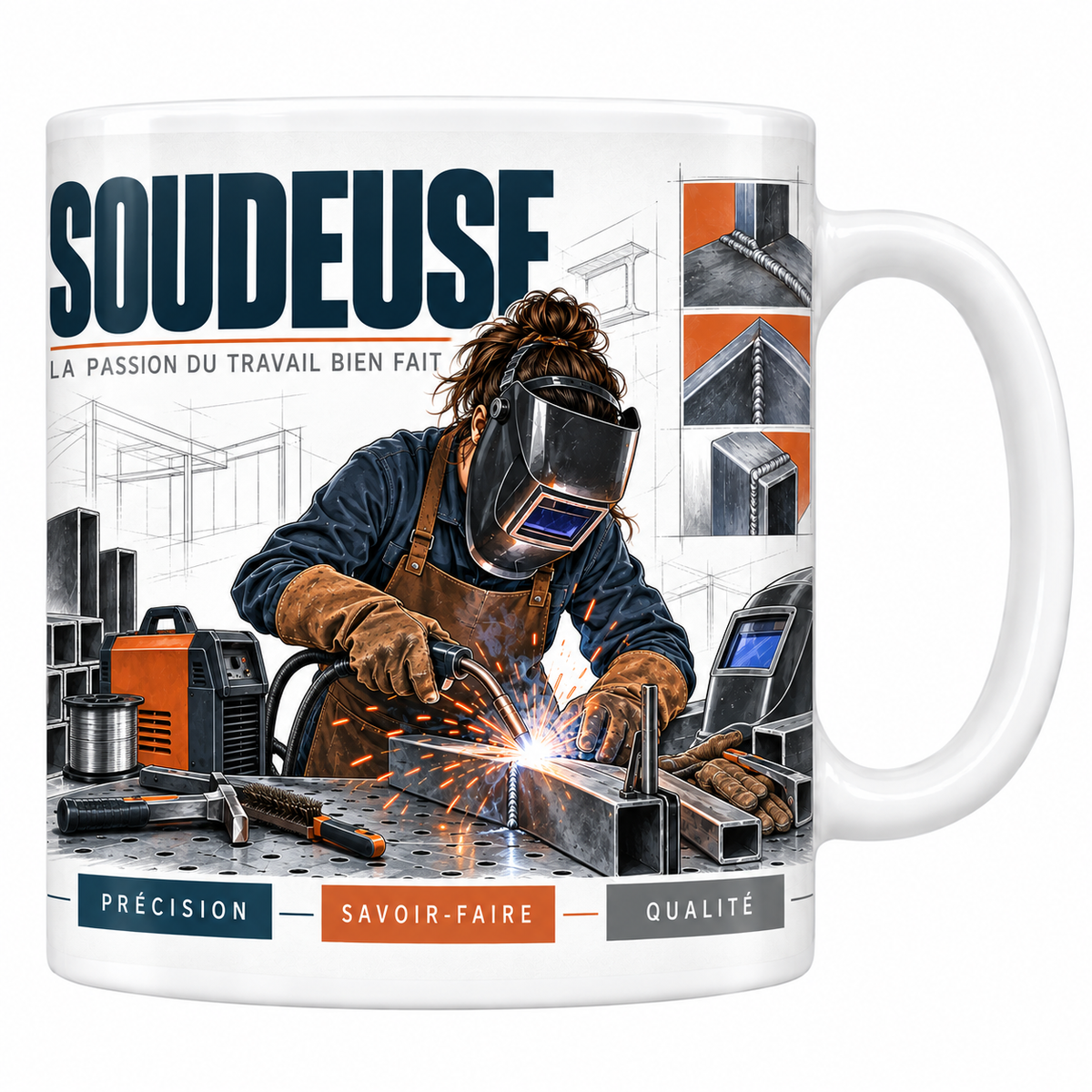 Mug soudeuse en céramique blanche 330 ml, illustration d'une soudeuse cagoule baissée soudant un assemblage, étincelles, poste à souder et profilés, titre SOUDEUSE bleu marine