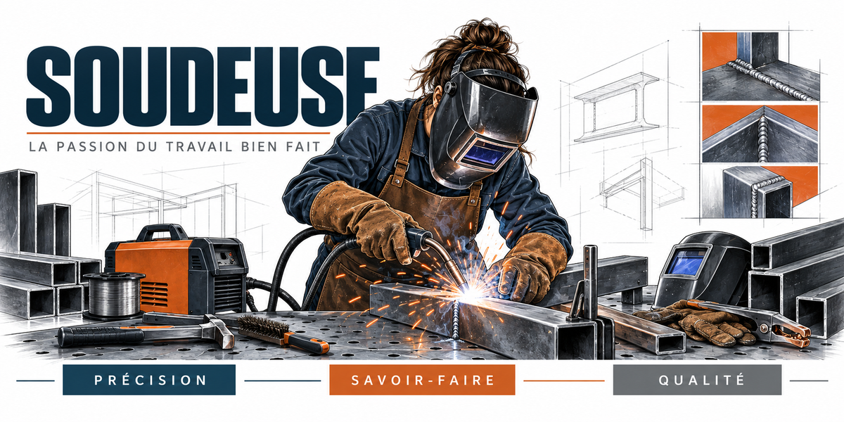 Illustration soudeuse : femme en cagoule et gants de croûte soudant un assemblage métallique, gerbe d'étincelles, poste à souder, tubes empilés et croquis de cordons de soudure