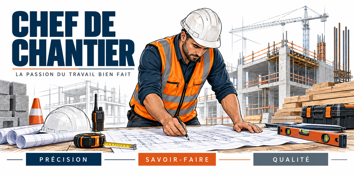 Illustration chef de chantier : homme en casque blanc et gilet haute visibilité penché sur des plans, talkie-walkie, niveau à bulle, plot de chantier, grue et échafaudage en fond