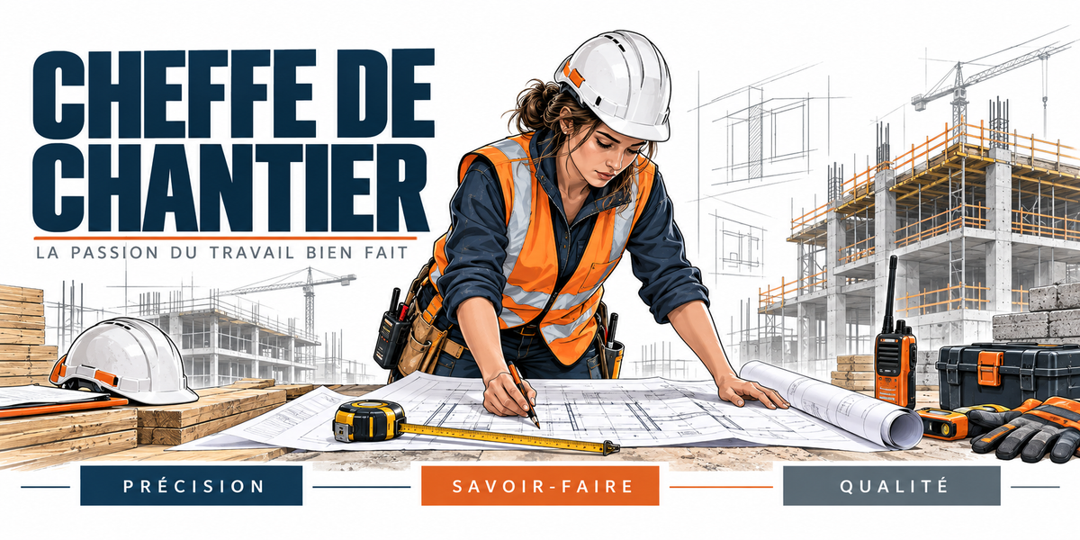 Illustration cheffe de chantier : femme en casque blanc et gilet haute visibilité déroulant des plans sur une table, talkie-walkie, mètre ruban, casque posé et chantier avec grues en fond