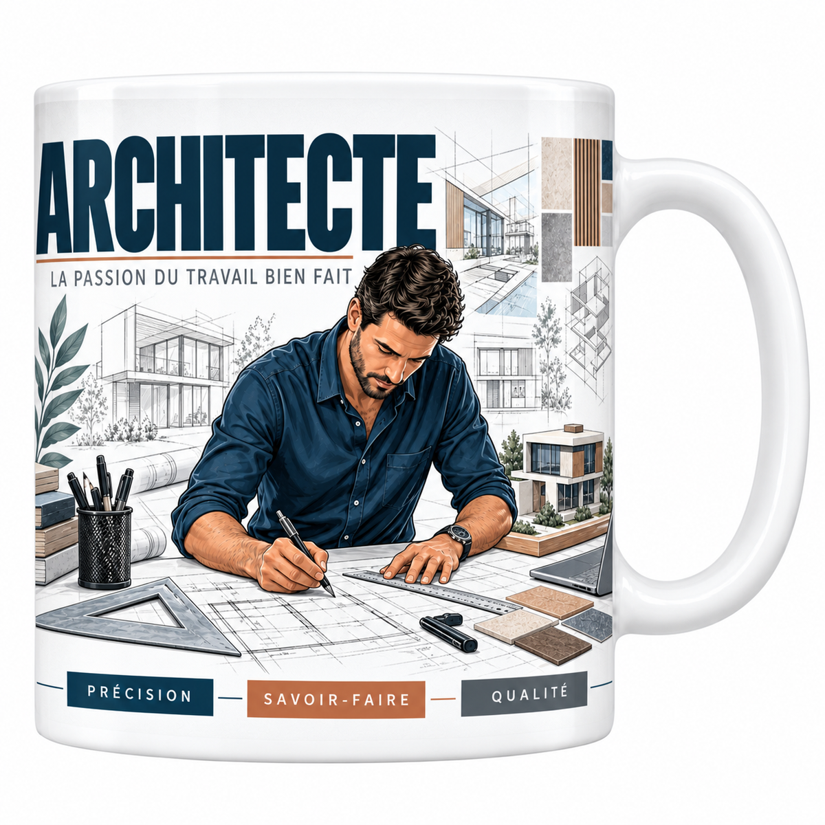 Mug architecte en céramique blanche 330 ml, illustration d'un architecte traçant à la règle sur des plans, maquette de villa et échantillons de matériaux, titre ARCHITECTE bleu marine