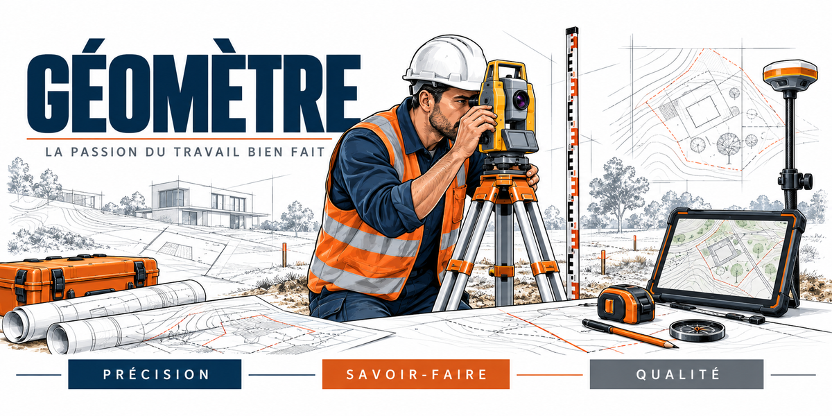Illustration géomètre : homme en casque et gilet haute visibilité à l'œil de la station totale sur trépied, mire rouge et blanche, antenne GNSS sur canne, tablette avec plan cadastral