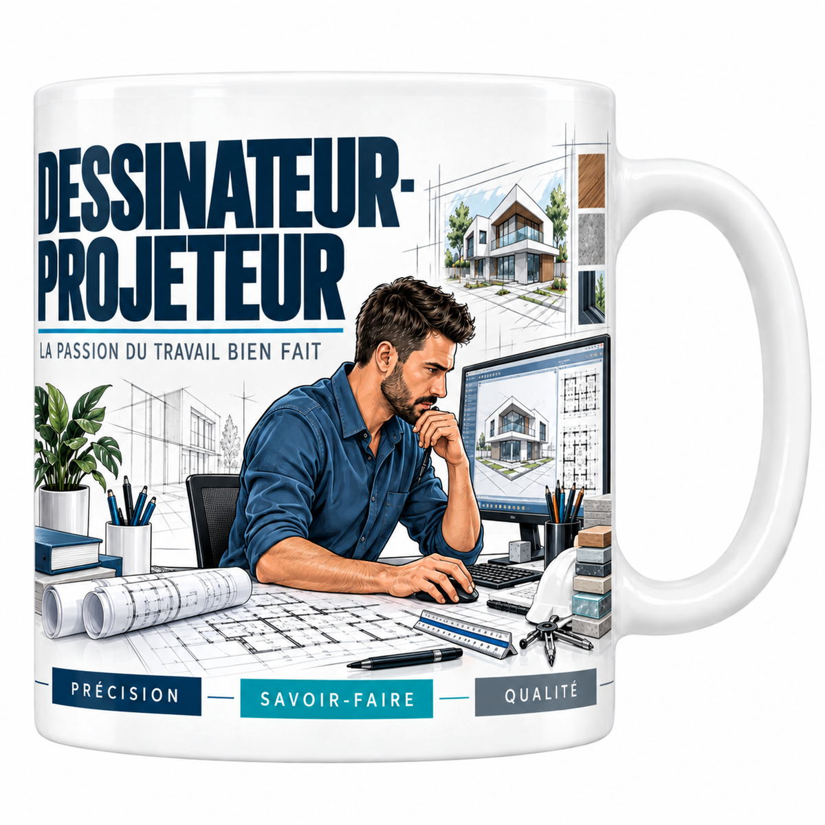 Mug dessinateur-projeteur en céramique blanche 330 ml, illustration d'un dessinateur-projeteur devant deux écrans affichant une maquette 3D et un plan CAO, titre DESSINATEUR-PROJETEUR bleu marine