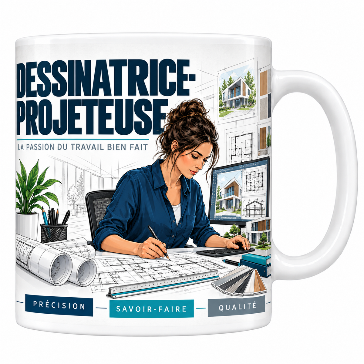 Mug dessinatrice-projeteuse en céramique blanche 330 ml, illustration d'une dessinatrice-projeteuse devant un écran de maquette 3D et des plans, titre DESSINATRICE-PROJETEUSE bleu marine