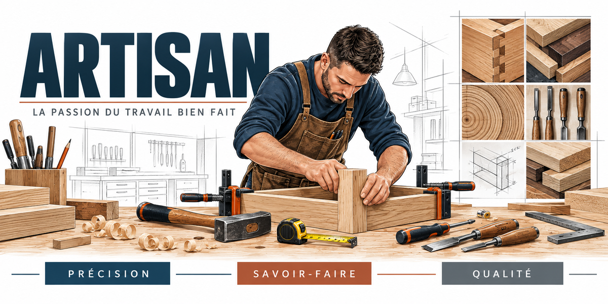 Illustration artisan : homme en tablier de cuir assemblant une pièce de bois à l'établi, serre-joints, maillet, ciseaux à bois, mètre ruban, copeaux et échantillons d'assemblages