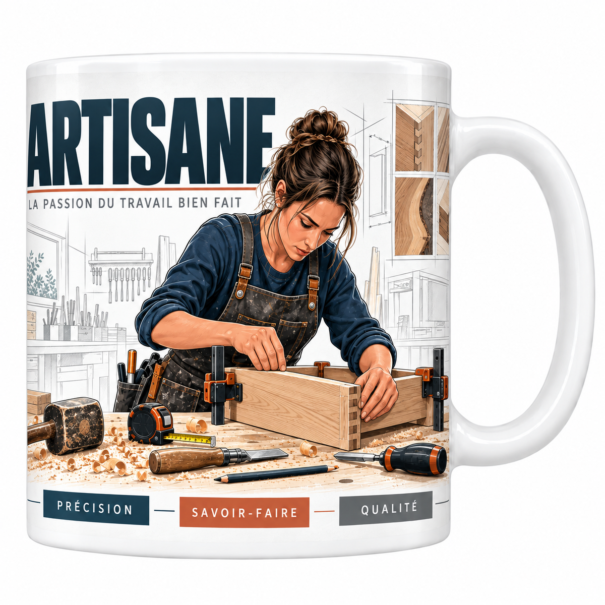 Mug artisane en céramique blanche 330 ml, illustration d'une artisane en tablier de cuir assemblant une caisse en bois à l'établi, outils et copeaux, titre ARTISANE bleu marine
