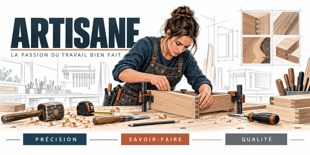 Illustration artisane : femme en tablier de cuir assemblant un cadre en bois à l'établi, serre-joints, maillet, ciseaux à bois, copeaux et échantillons d'assemblages à queue d'aronde