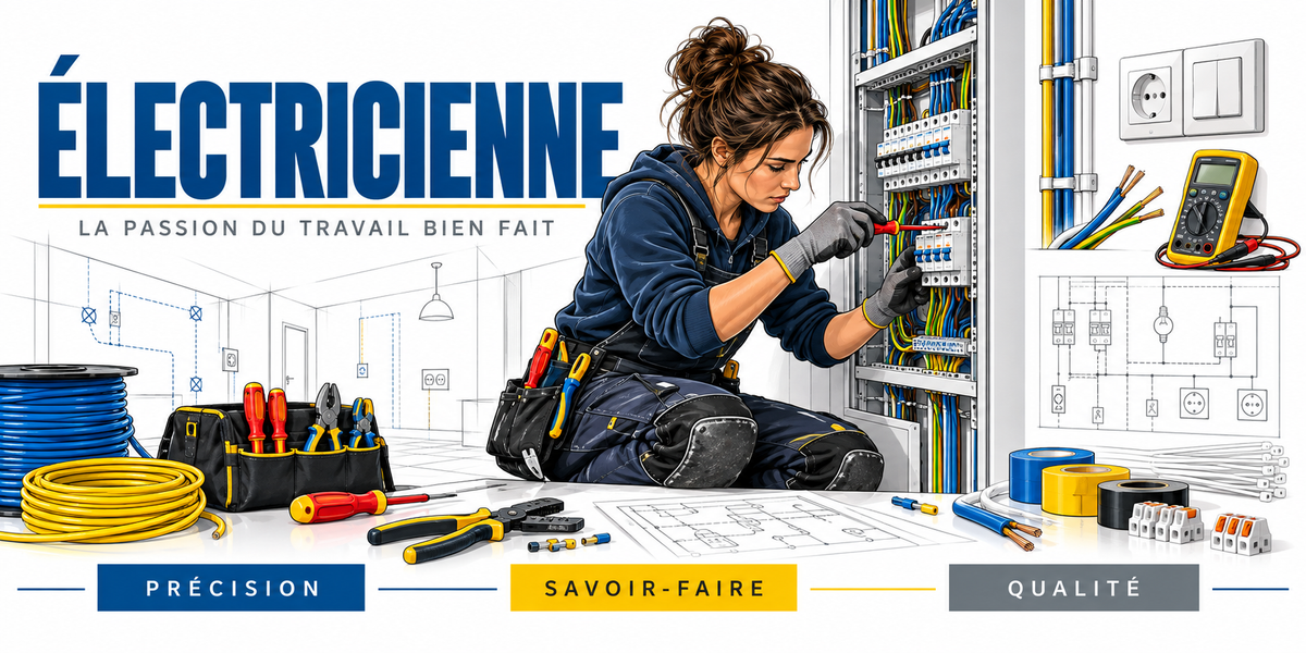 Illustration électricienne : femme agenouillée câblant un tableau électrique, rangée de disjoncteurs, conducteurs bleu marron et vert-jaune, couronnes de gaine, multimètre et schéma électrique