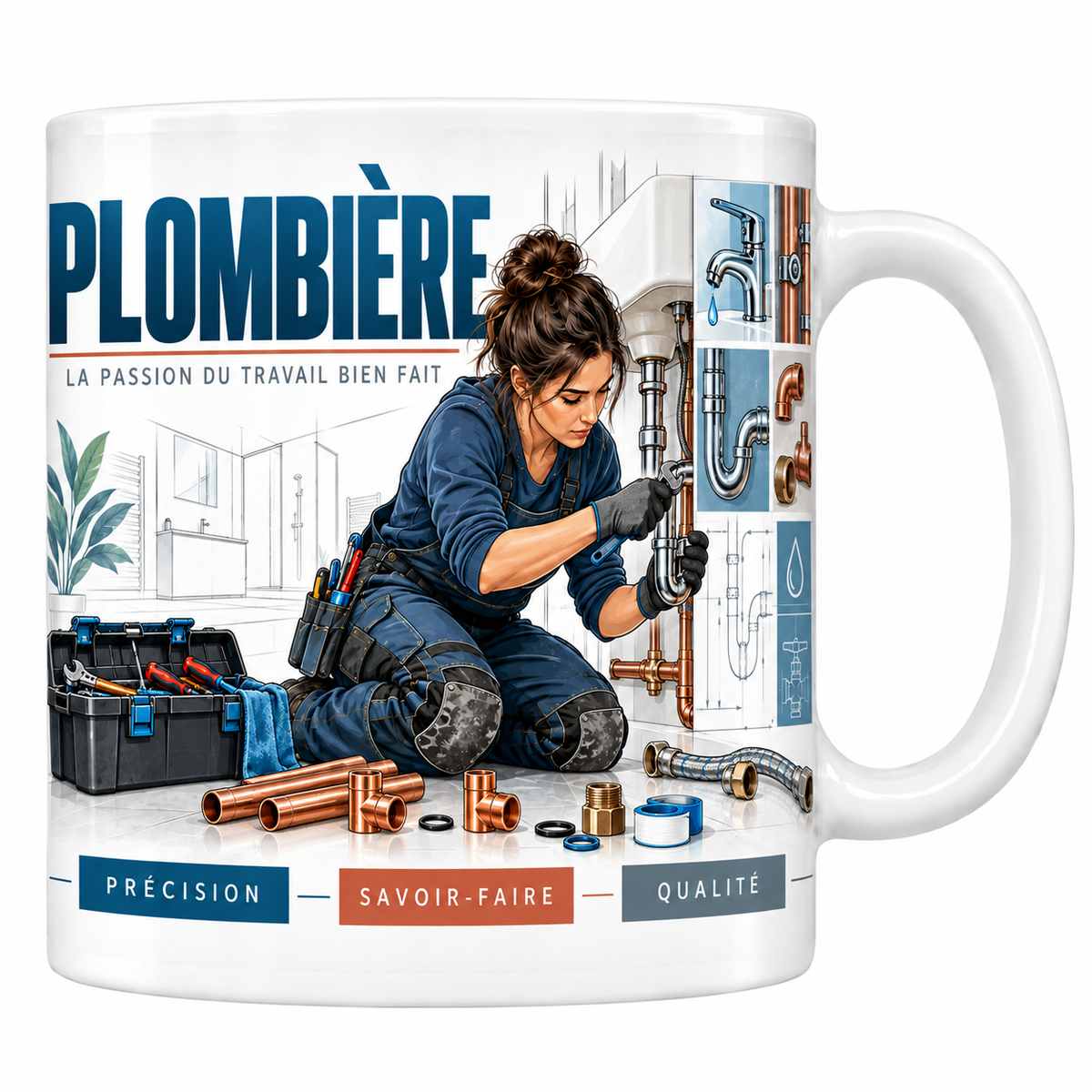 Mug plombière en céramique blanche 330 ml, illustration d'une plombière serrant un siphon à la clé sous un évier, tubes de cuivre et raccords en laiton, titre PLOMBIÈRE bleu marine