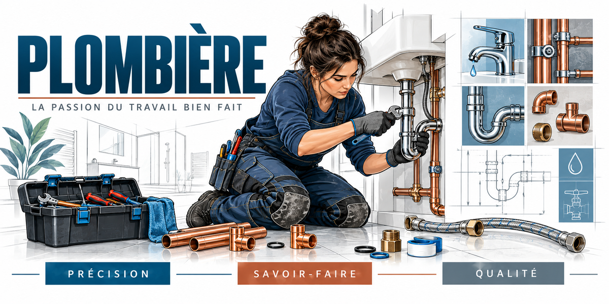 Illustration plombière : femme agenouillée serrant un siphon à la clé serre-tube, tubes de cuivre, raccords en laiton, coudes et tés, caisse à outils et flexibles