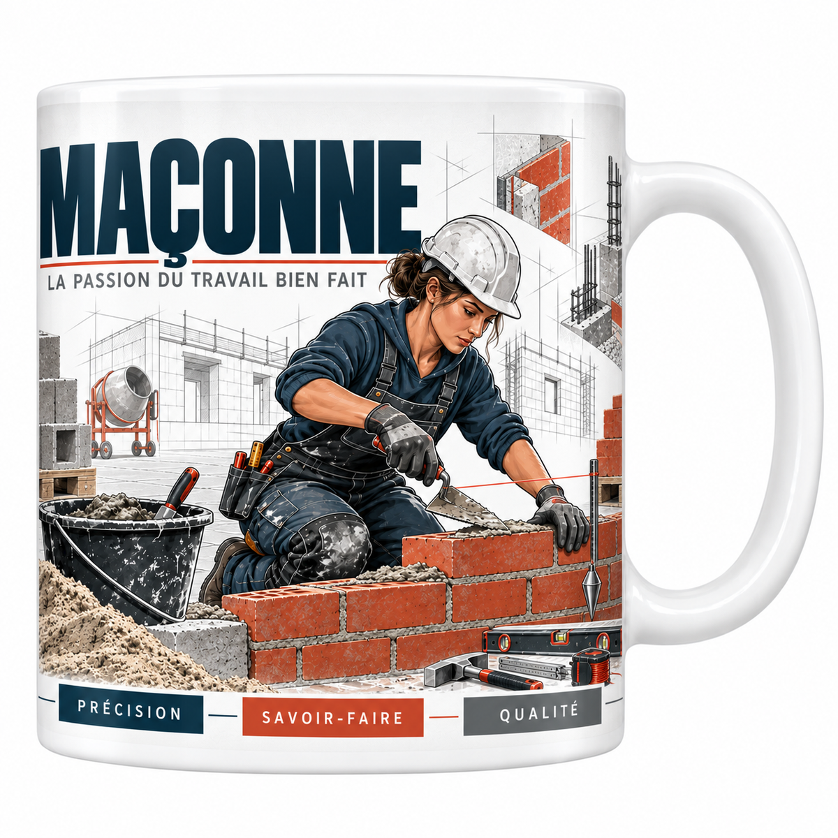 Mug maçonne en céramique blanche 330 ml, illustration d'une maçonne casquée montant un mur de briques à la truelle, auge de mortier et parpaings, titre MAÇONNE bleu marine