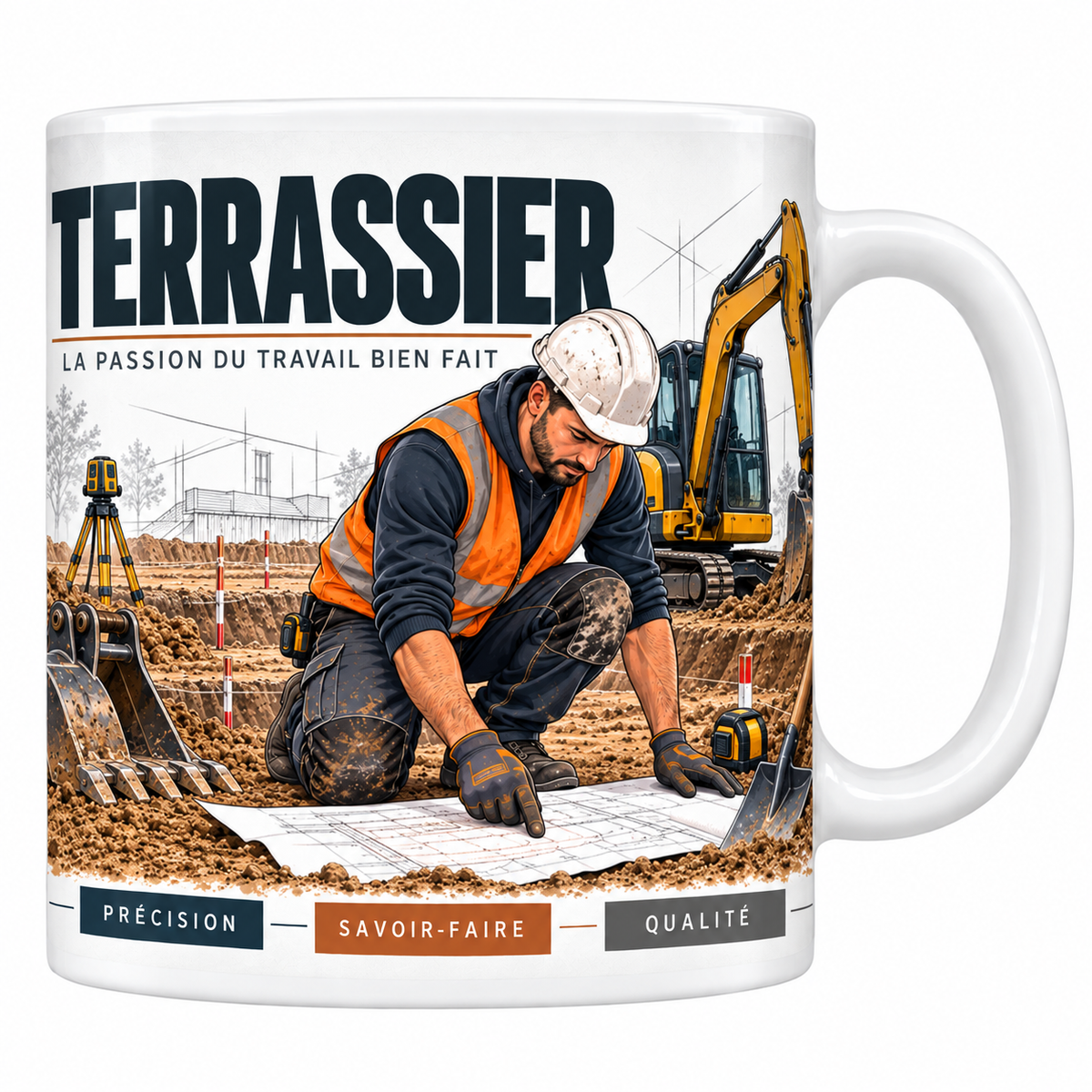 Mug terrassier en céramique blanche 330 ml, illustration d'un terrassier casqué en gilet orange lisant un plan devant une pelle mécanique, titre TERRASSIER bleu marine