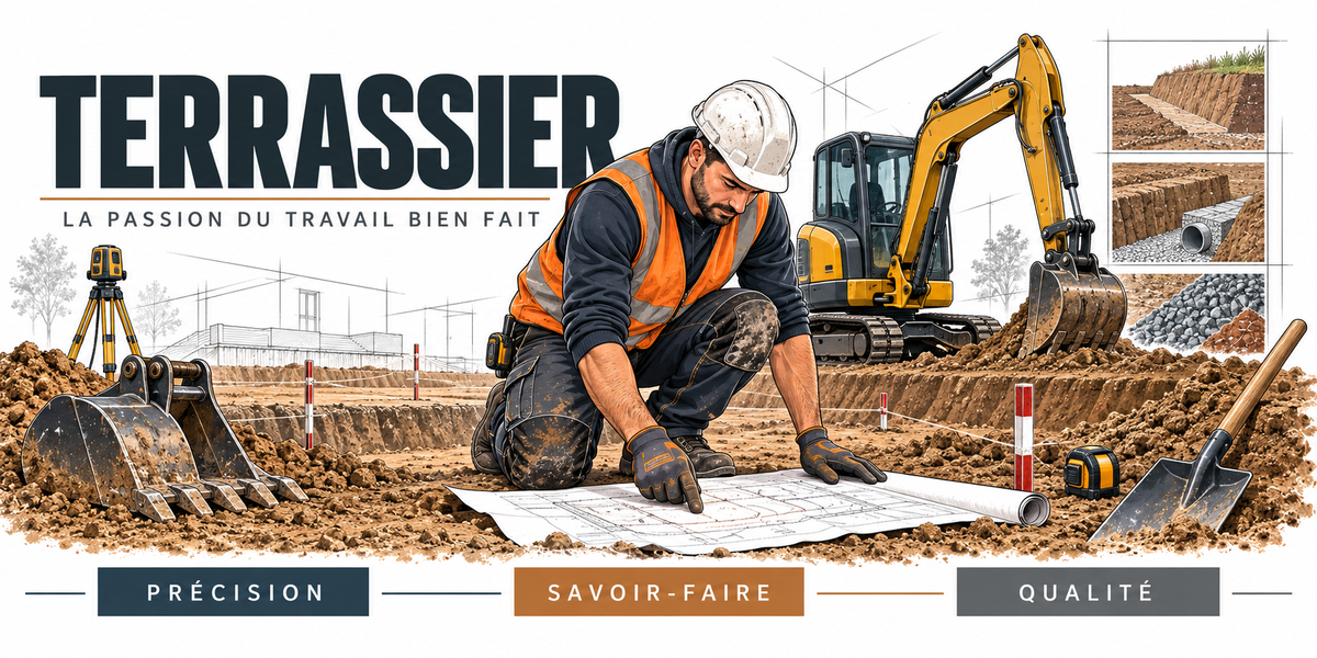 Illustration terrassier : homme en casque et gilet haute visibilité agenouillé sur un plan, pelle mécanique jaune en action, jalons rouges et blancs, niveau laser et tranchée drainée
