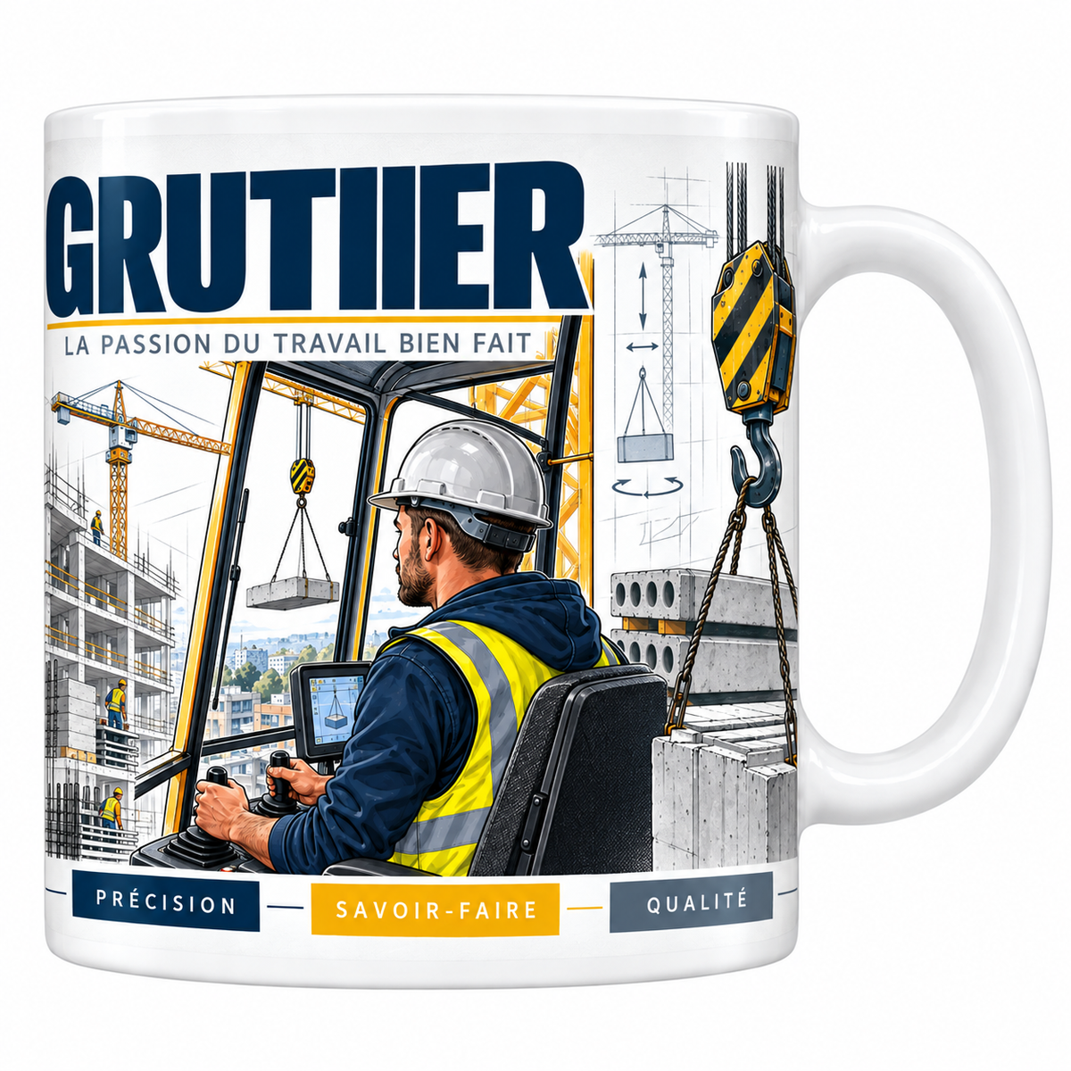 Mug grutier en céramique blanche 330 ml, illustration d'un grutier casqué aux commandes de sa cabine, grue à tour jaune et charge suspendue au-dessus du chantier