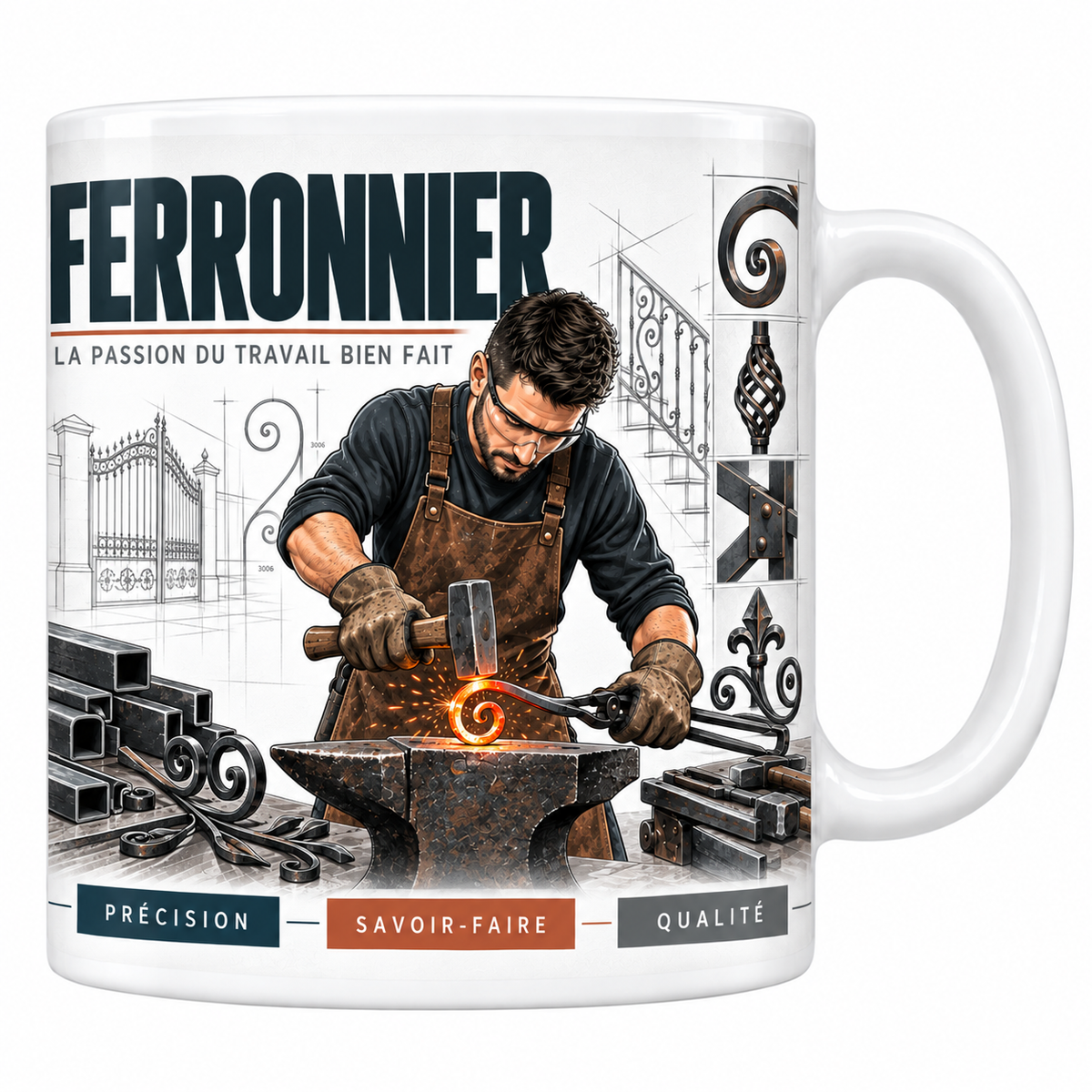 Mug ferronnier en céramique blanche 330 ml, illustration d'un ferronnier frappant à l'enclume un acier porté au rouge, portail en fer forgé et volutes, titre FERRONNIER bleu marine