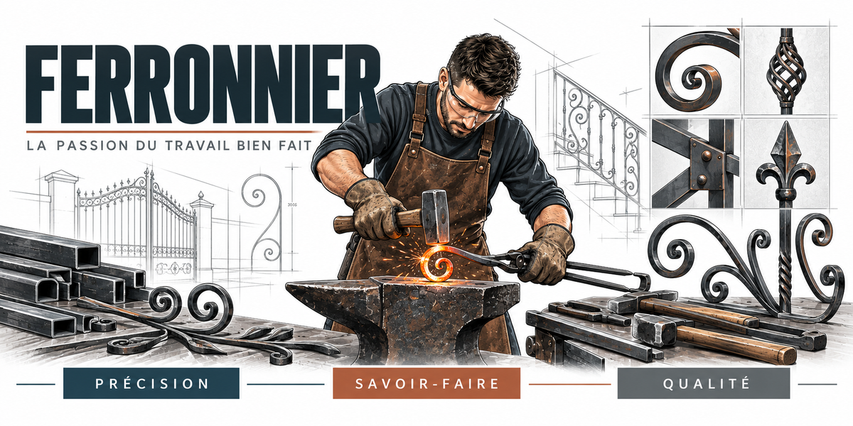 Illustration ferronnier : forgeron en tablier de cuir frappant au marteau un acier chauffé au rouge sur l'enclume, gerbe d'étincelles, portail en fer forgé, volutes et pointes de lance