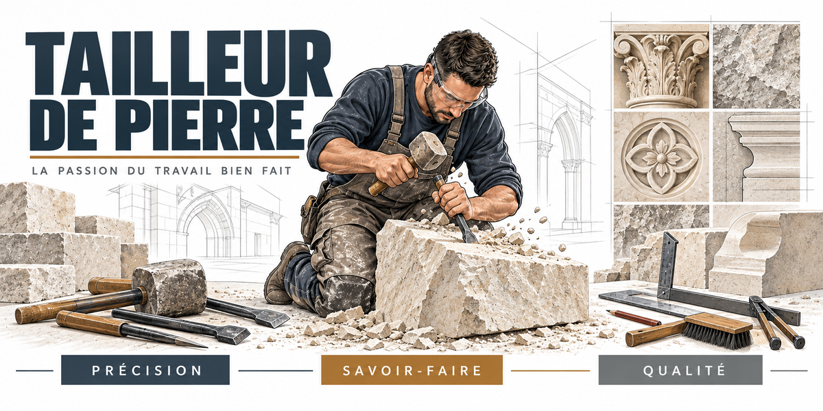 Illustration tailleur de pierre : artisan à lunettes taillant un bloc de calcaire à la massette et au ciseau, éclats de pierre, outils alignés, chapiteau corinthien et rosace sculptés