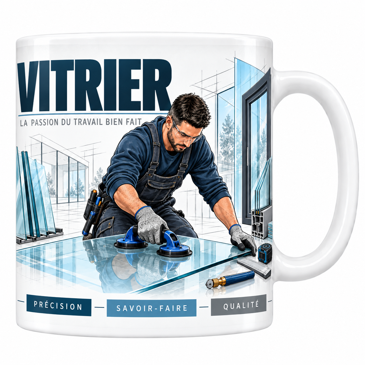 Mug vitrier en céramique blanche 330 ml, illustration d'un vitrier portant une grande plaque de verre aux ventouses, panneaux vitrés et fenêtre en profilé, titre VITRIER bleu marine