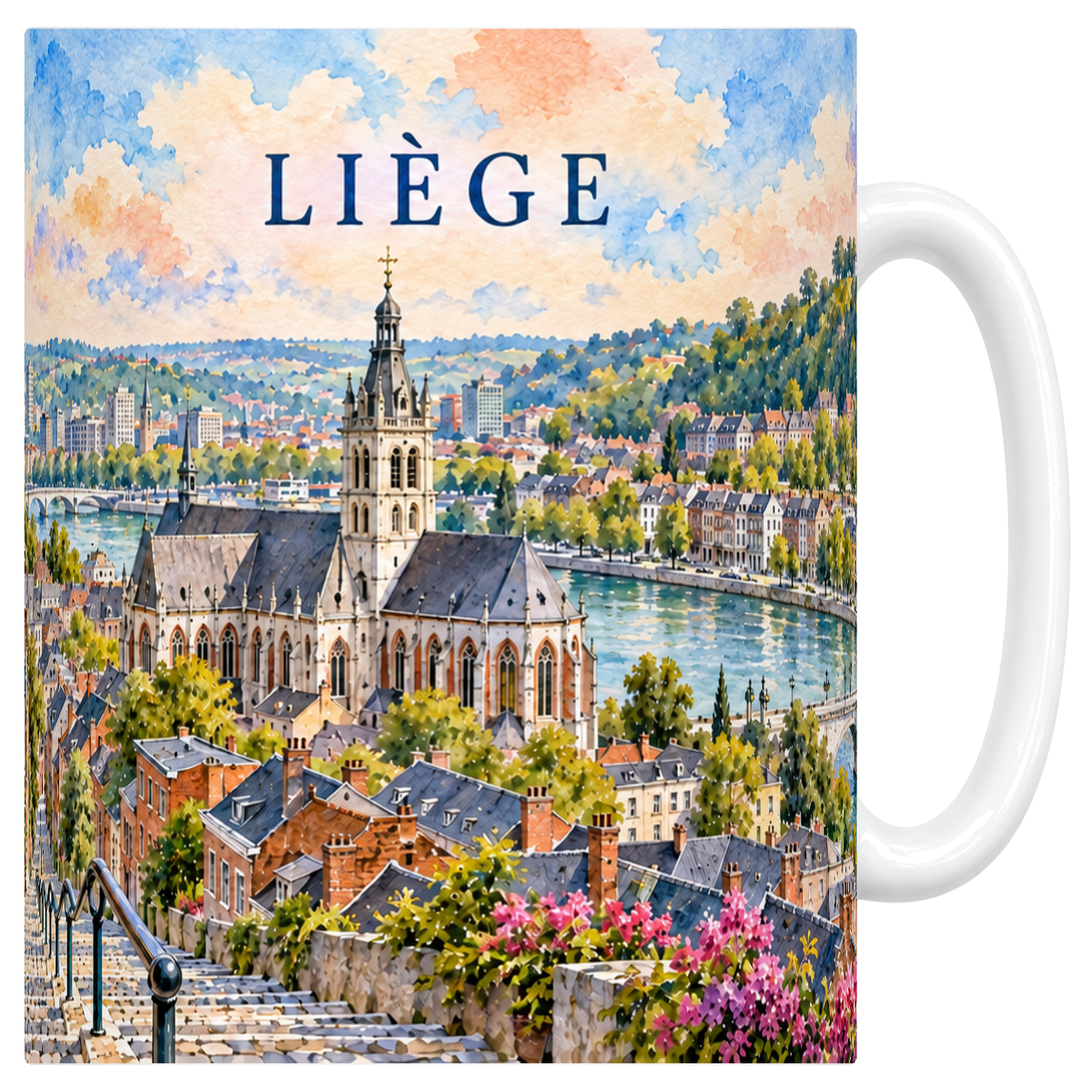 Mug blanc en céramique 330 ml illustré d'une aquarelle délavée de Liège