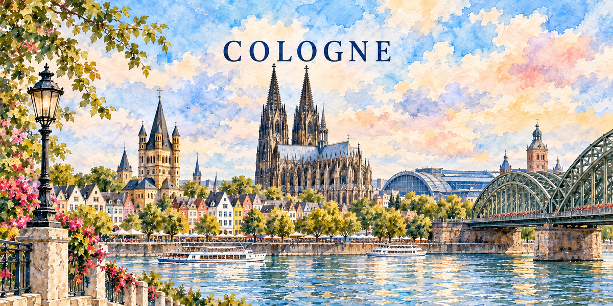 Cologne à l'aquarelle claire : le nom COLOGNE en capitales bleues, un réverbère et des fleurs roses à gauche, une cathédrale gothique à deux flèches et une église romane à tours au centre, un quai de maisons colorées, un pont métallique en arc vert et des bateaux de promenade à droite