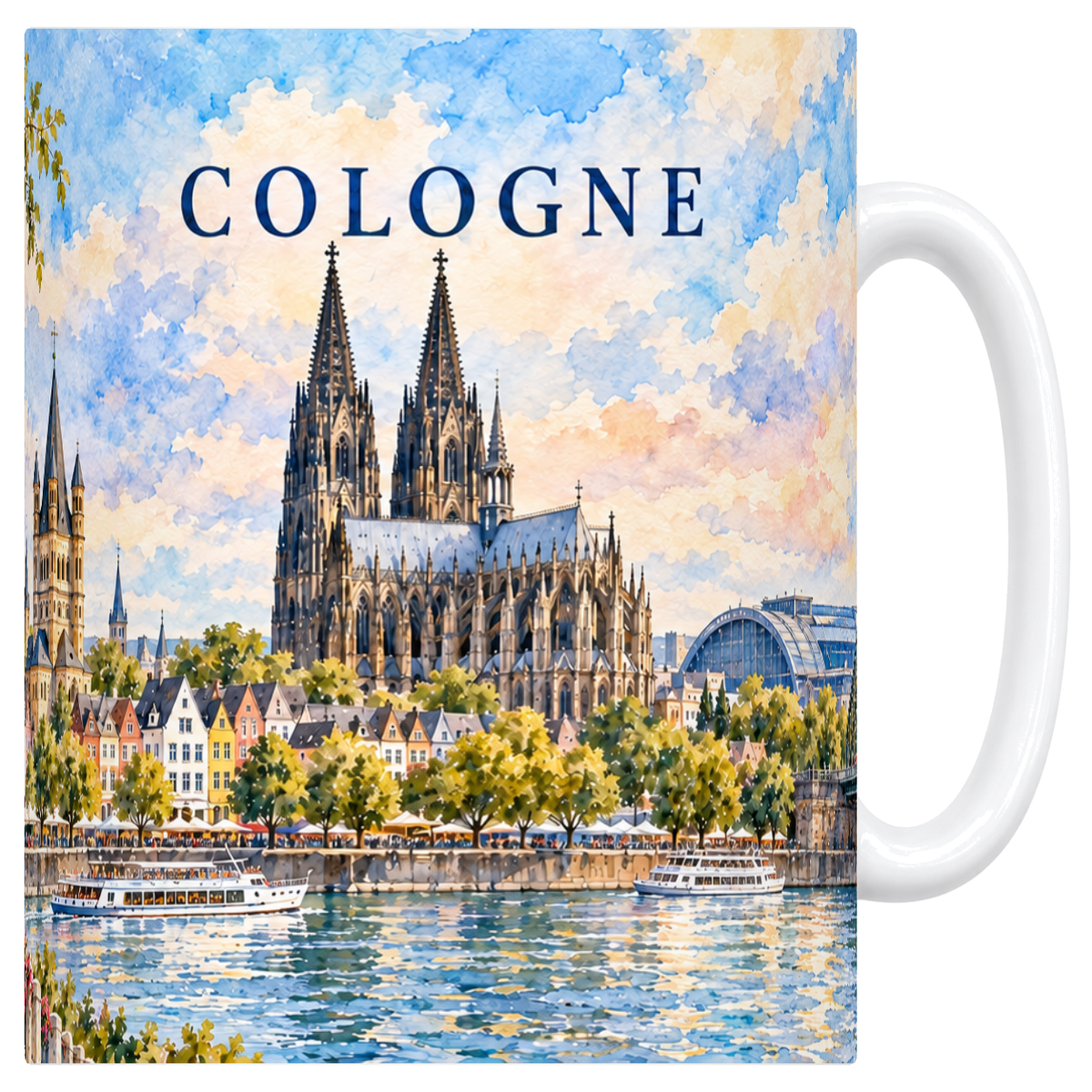 Mug blanc en céramique 330 ml illustré d'une aquarelle délavée de Cologne
