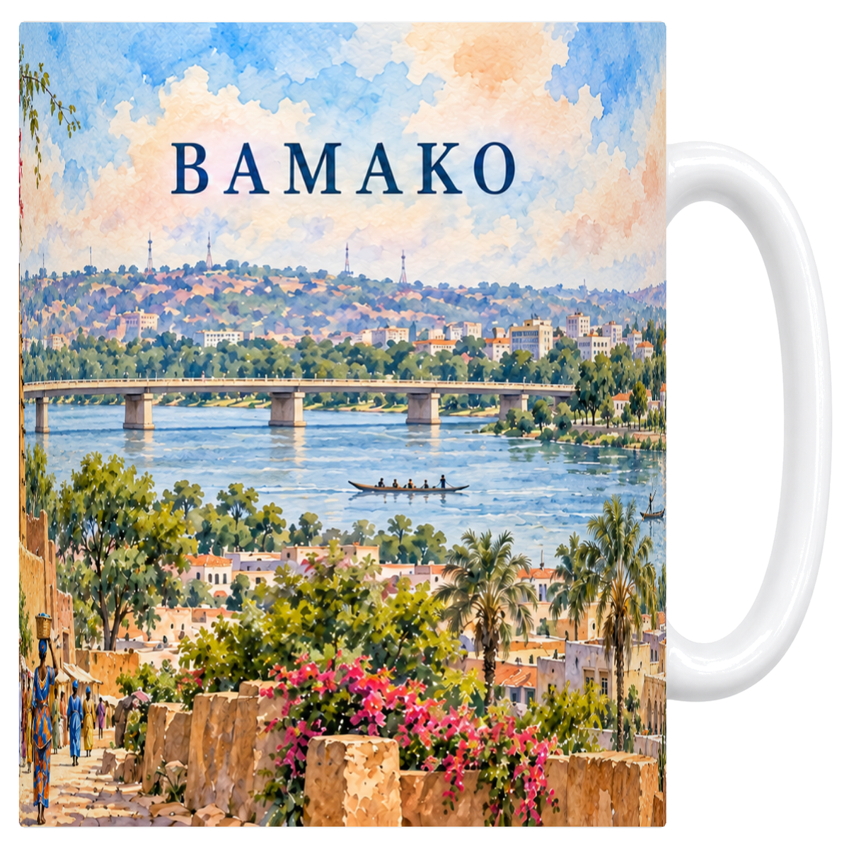 Mug blanc en céramique 330 ml illustré d'une aquarelle de Bamako