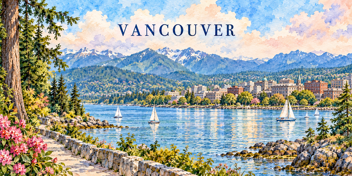 Aquarelle de Vancouver : le nom en capitales bleues, un grand arbre et un sentier de bord de mer au premier plan, la baie et ses voiliers, les immeubles de la ville sur l'autre rive et les montagnes enneigees au fond