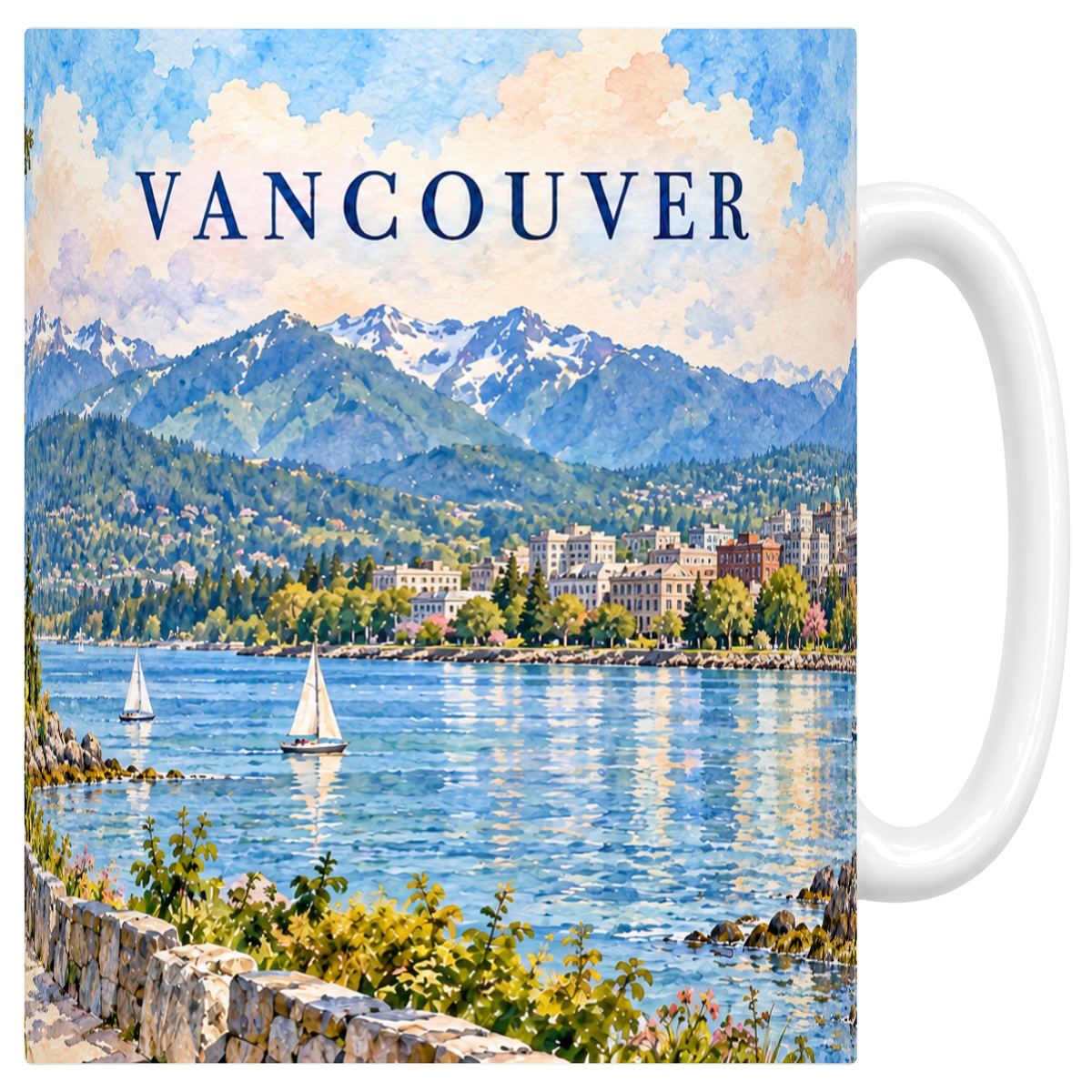 Mug blanc en ceramique 330 ml illustre d'une aquarelle de Vancouver