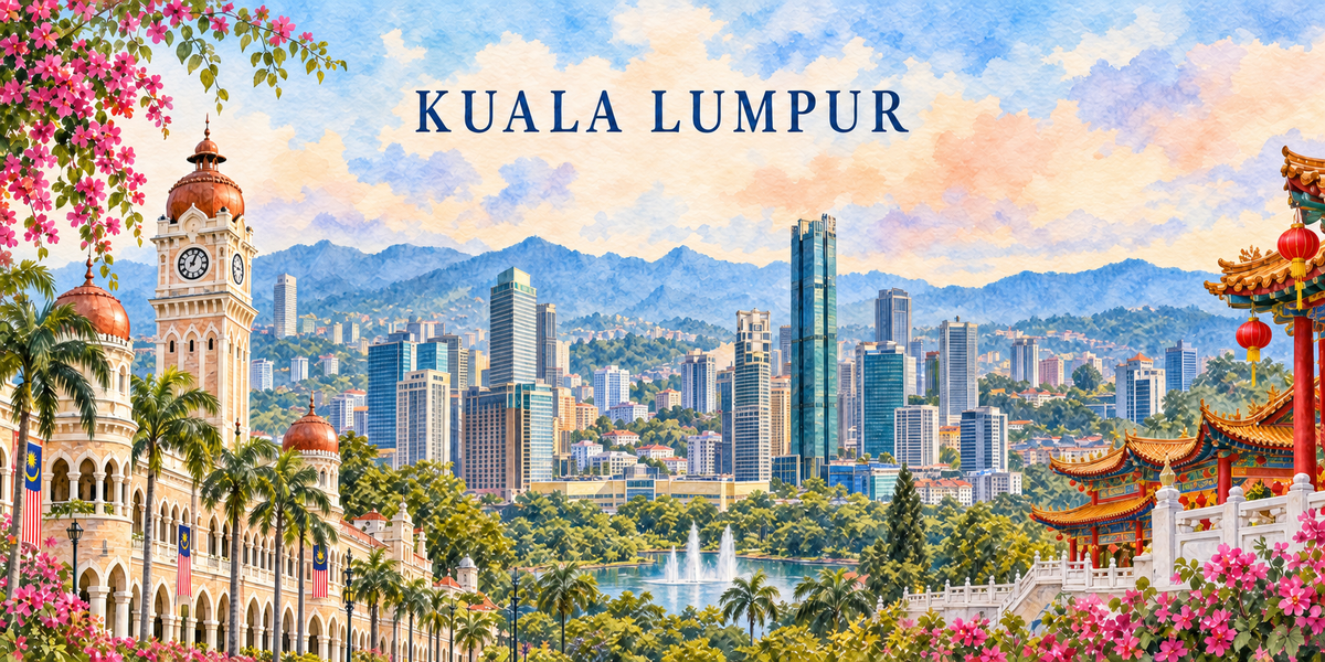 Kuala Lumpur à l'aquarelle claire : le nom KUALA LUMPUR en capitales bleues, un édifice à tour-horloge et coupoles de cuivre à gauche, une ligne de gratte-ciel devant des collines au centre, une esplanade à jets d'eau et un portique chinois à lanternes rouges à droite