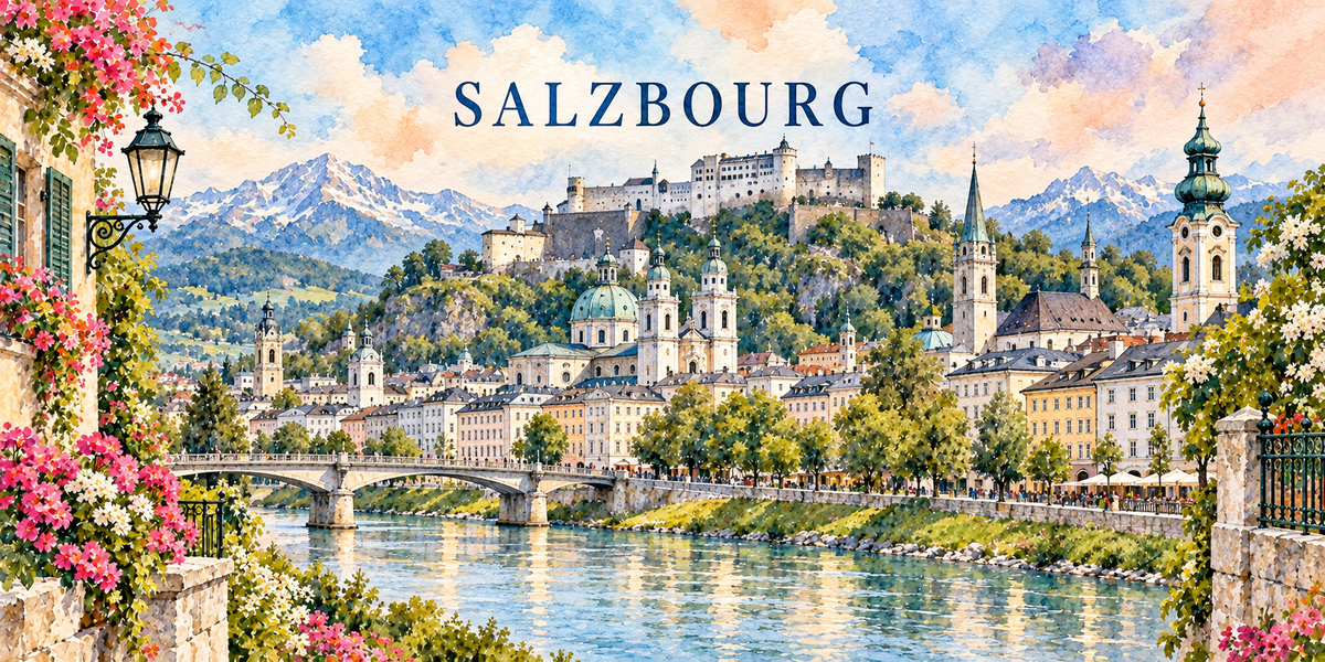 Aquarelle de Salzbourg : forteresse de Hohensalzburg, coupoles vertes, Salzach et Alpes