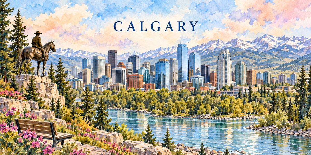 Calgary à l'aquarelle claire : le nom CALGARY en capitales bleues, une statue équestre de bronze sur un promontoire et un banc à gauche, une ligne de gratte-ciel au bord de la rivière au centre, des conifères et des montagnes enneigées à droite