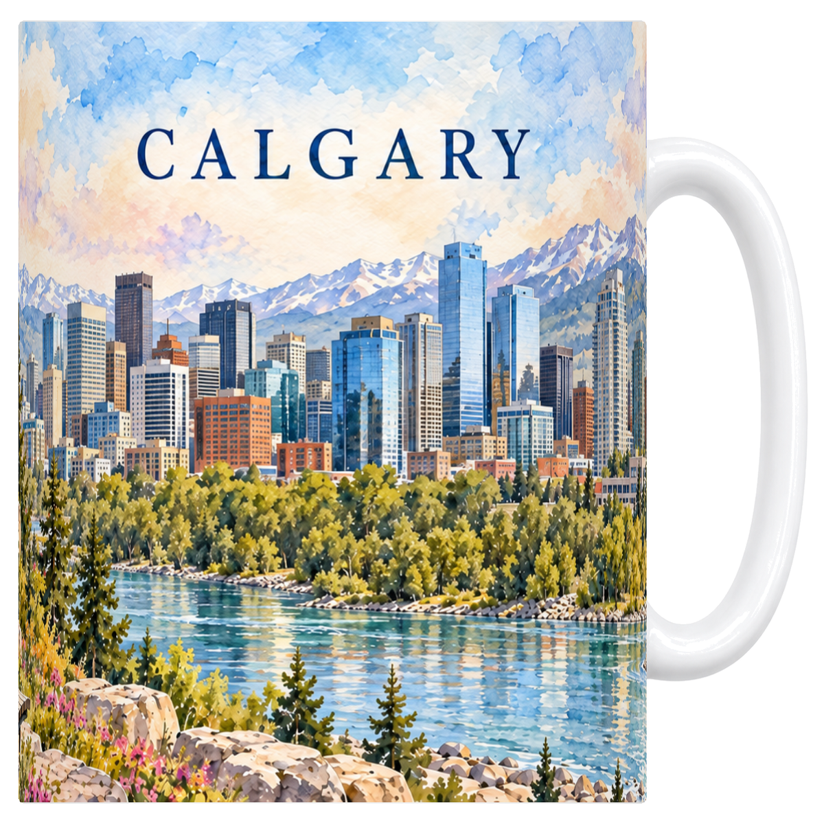 Mug blanc en céramique 330 ml illustré d'une aquarelle délavée de Calgary