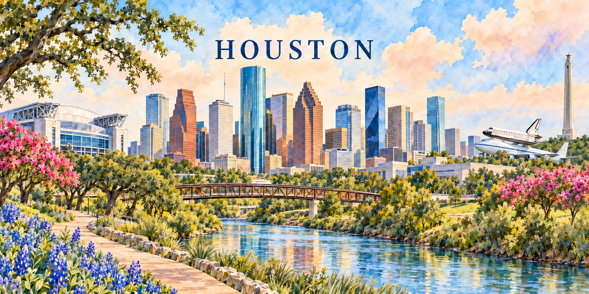 Illustration aquarelle de Houston : les gratte-ciel de verre et de pierre rouge, la navette spatiale sur son avion porteur, la colonne commémorative, le bayou et les lupins bleus
