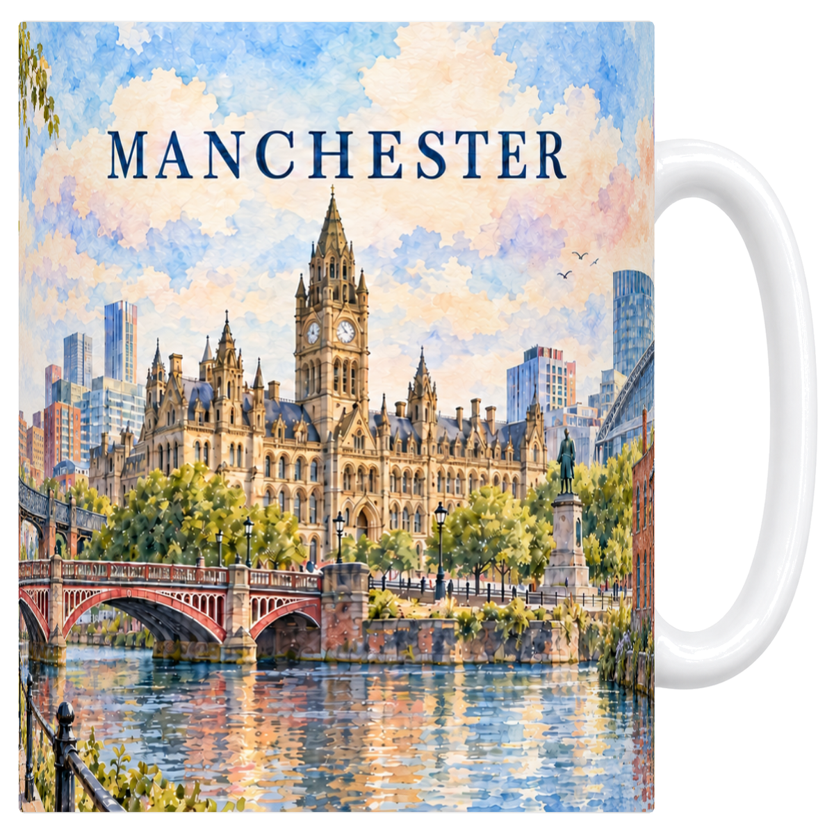 Mug blanc en céramique 330 ml illustré d'une aquarelle délavée de Manchester