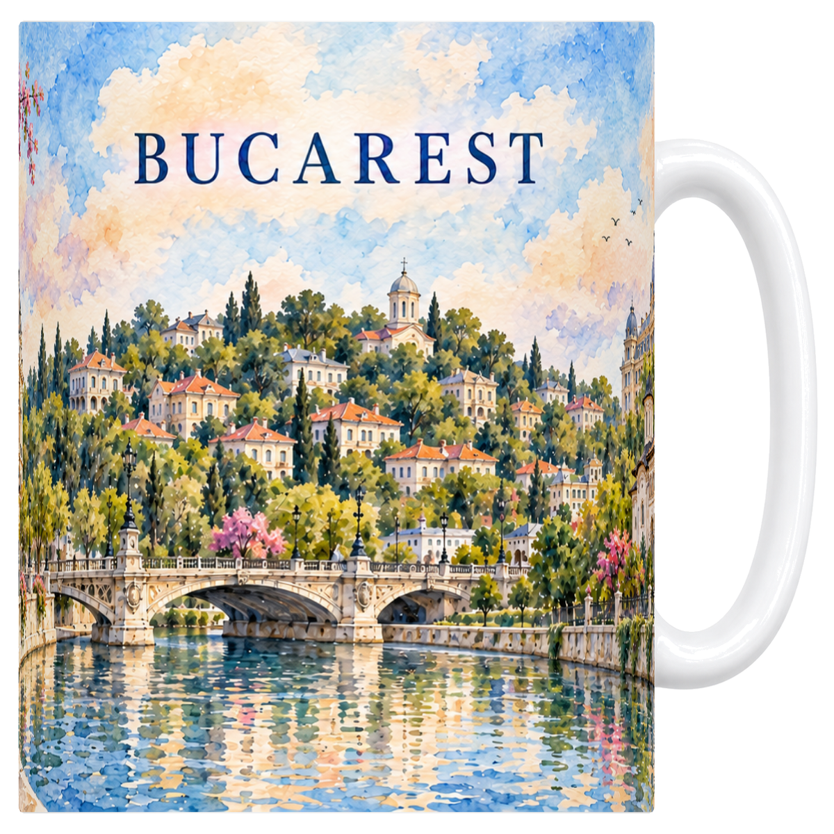 Mug blanc en céramique 330 ml illustré d'une aquarelle délavée de Bucarest