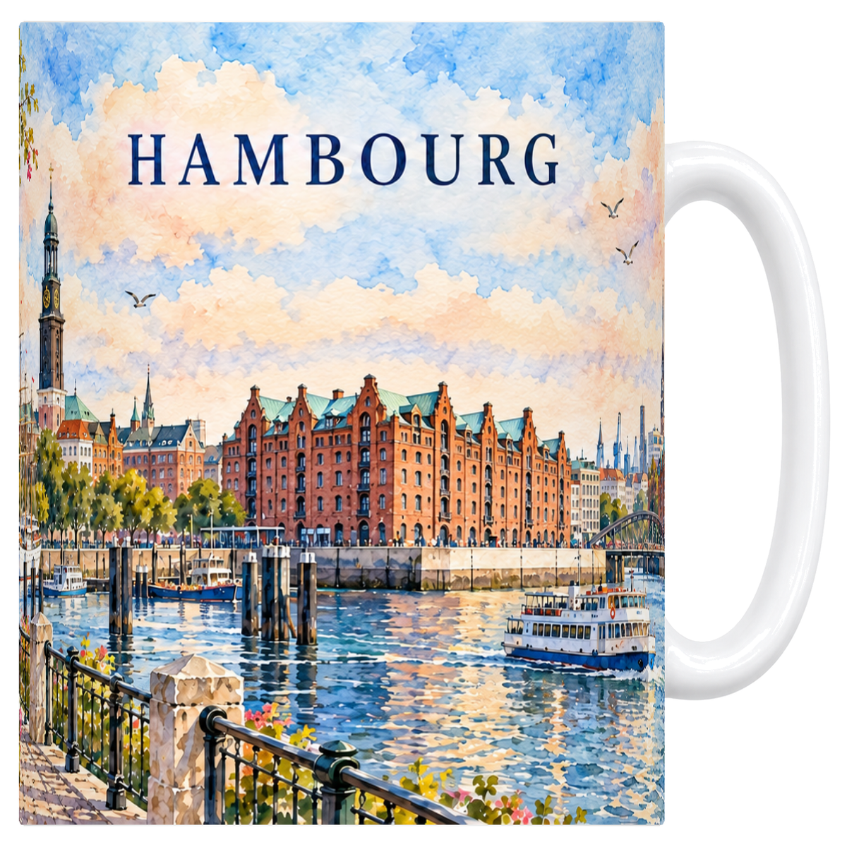 Mug blanc en céramique 330 ml illustré d'une aquarelle délavée de Hambourg