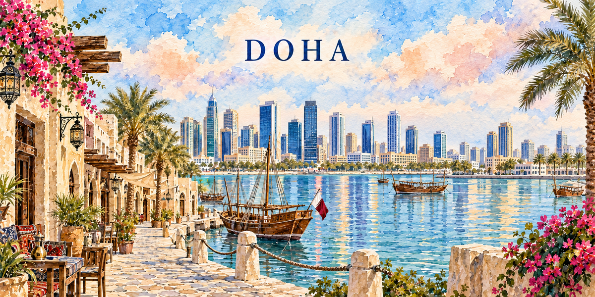 Doha à l'aquarelle claire : le nom DOHA en capitales bleues, une ruelle de pierre à lanternes et bougainvilliers à gauche, un boutre en bois amarré au quai au centre, une ligne de gratte-ciel au bord de la baie et des palmiers à droite