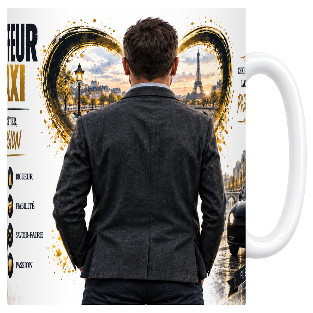 Mug blanc en ceramique 330 ml illustre sur le theme du chauffeur de taxi