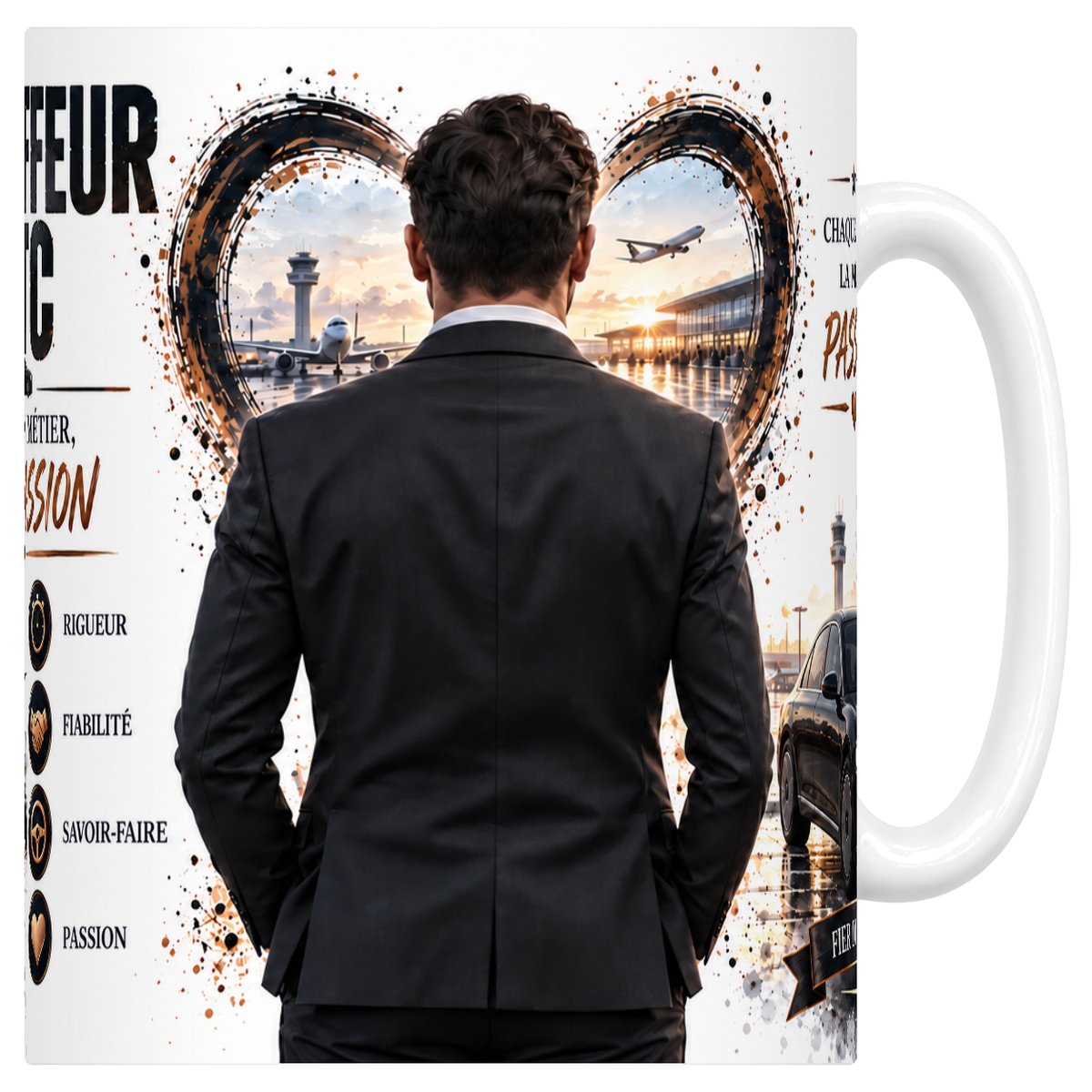 Mug blanc en ceramique 330 ml illustre sur le theme du chauffeur VTC
