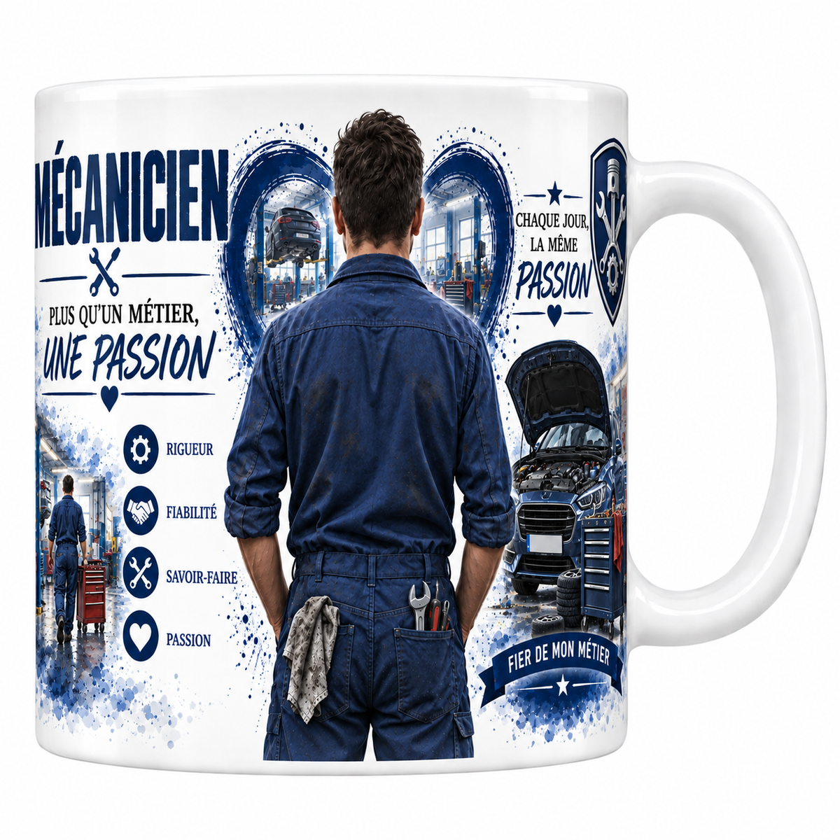 Mug mécanicien en céramique blanche 330 ml, affiche MÉCANICIEN en grand, un mécanicien en combinaison bleue vu de dos avec son chiffon à la ceinture, blason bleu à la clé et au piston, quatre valeurs rigueur, fiabilité, savoir-faire, passion