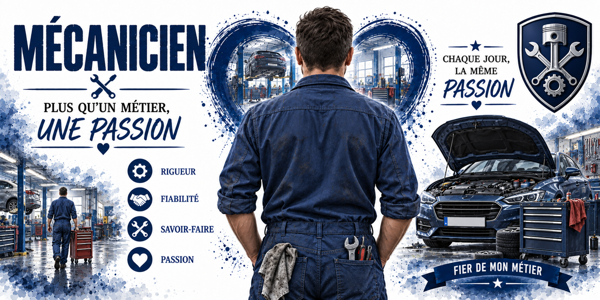 Affiche mécanicien : le mot MÉCANICIEN en capitales bleu marine, un mécanicien en combinaison bleue vu de dos, chiffon et clé plate glissés à la ceinture, cœur photo sur un atelier et un pont élévateur, berline bleue capot ouvert sur le moteur avec servante à outils, blason bleu au piston et aux clés croisées, quatre pastilles — rigueur, fiabilité, savoir-faire, passion — et le bandeau FIER DE MON MÉTIER