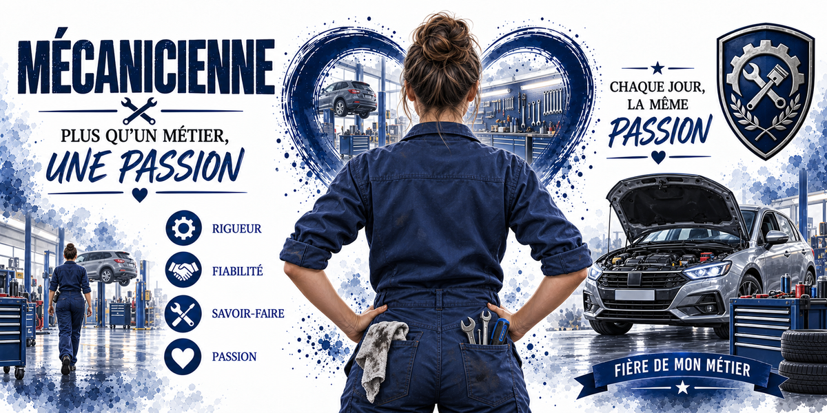 Affiche mécanicienne : le mot MÉCANICIENNE en capitales bleu marine, une mécanicienne en combinaison bleue vue de dos, chiffon et outils glissés à la ceinture, cœur photo sur un atelier et un véhicule au pont, berline grise capot ouvert sur le moteur, pneus empilés, blason bleu à la clé, au marteau et à l'engrenage, quatre pastilles — rigueur, fiabilité, savoir-faire, passion — et le bandeau FIÈRE DE MON MÉTIER