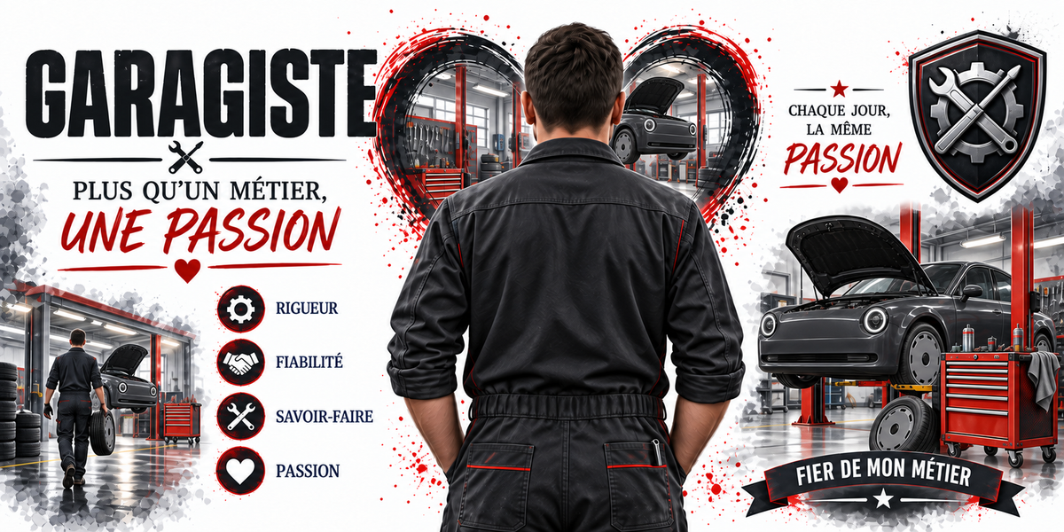 Affiche Garagiste : titre GARAGISTE et PLUS QU'UN METIER, UNE PASSION, les mots-cles rigueur, fiabilite, savoir-faire et passion, un mecanicien de dos dans son atelier, une voiture grise sans logo capot ouvert sur le pont, une servante a outils rouge, un ecusson aux cles croisees et un ruban FIER DE MON METIER