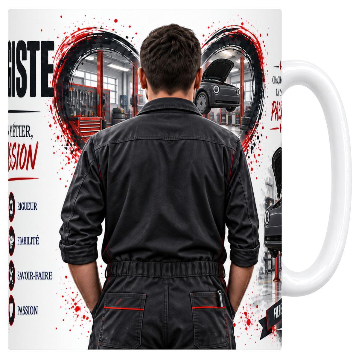 Mug blanc en ceramique 330 ml illustre sur le theme du garagiste