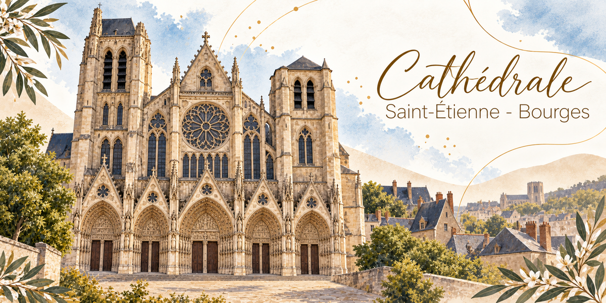 Visuel aquarellé de la cathédrale Saint-Étienne de Bourges vue de face, sa façade occidentale aux cinq portails à double porte, sa grande rose et ses deux tours dissymétriques, les toits d'ardoise et les maisons de la ville au pied de l'édifice, des collines bleutées à l'horizon, des feuillages d'olivier et de laurier en premier plan, un cercle doré tracé au-dessus du titre Cathédrale Saint-Étienne - Bourges